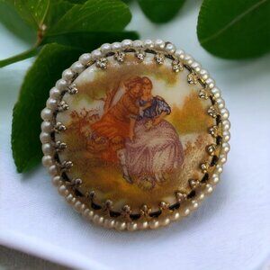 Vintage Cameo Brooch Pin Pendant Courting Scene Landscape Love Round Romantic